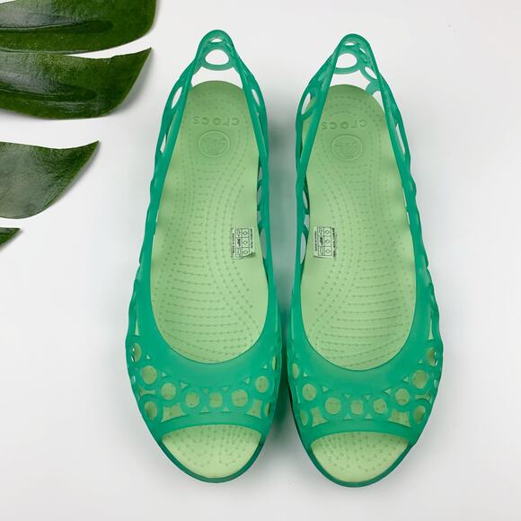 Crocs Adrina Jelly Flats Slip On Green Cut Out Peep Toe Shoes Women's 8 - Picture 1 of 9